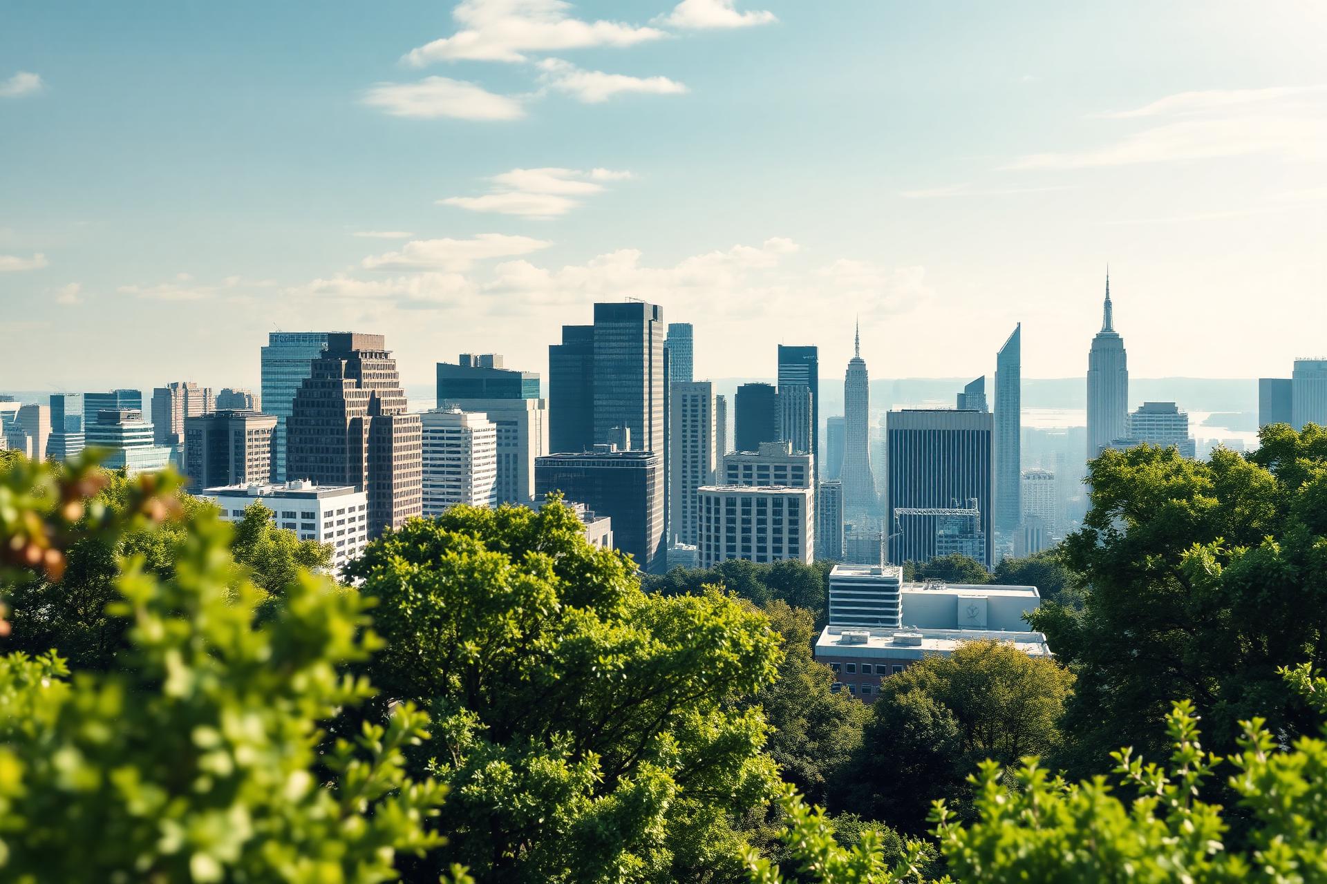 New York City skyline framed by green trees